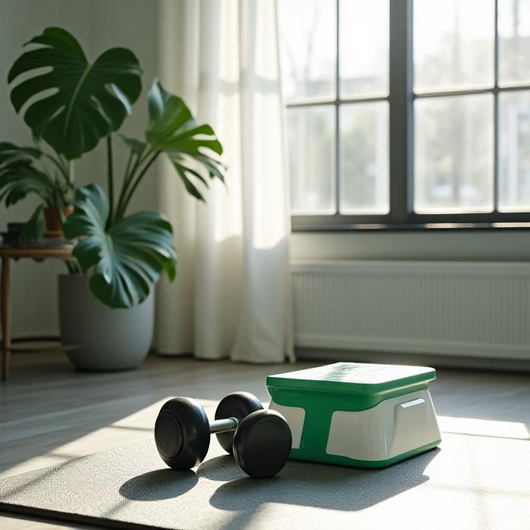 Modern West Melbourne apartment living room featuring Coral Fit adjustable dumbbells and a sleek stepper integrated into the decor
